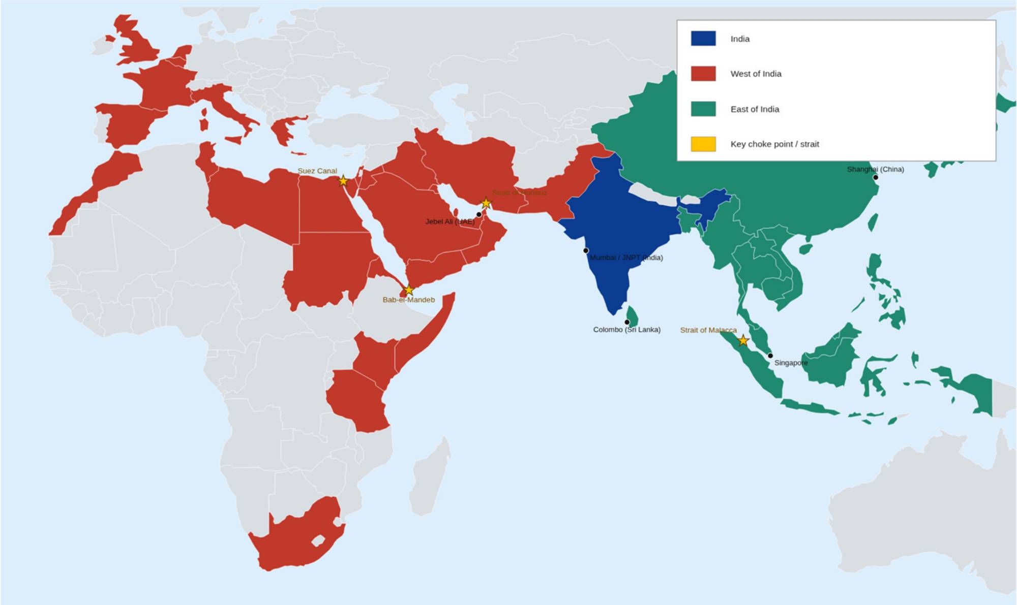 India's strategic position between western and eastern global shipping corridors