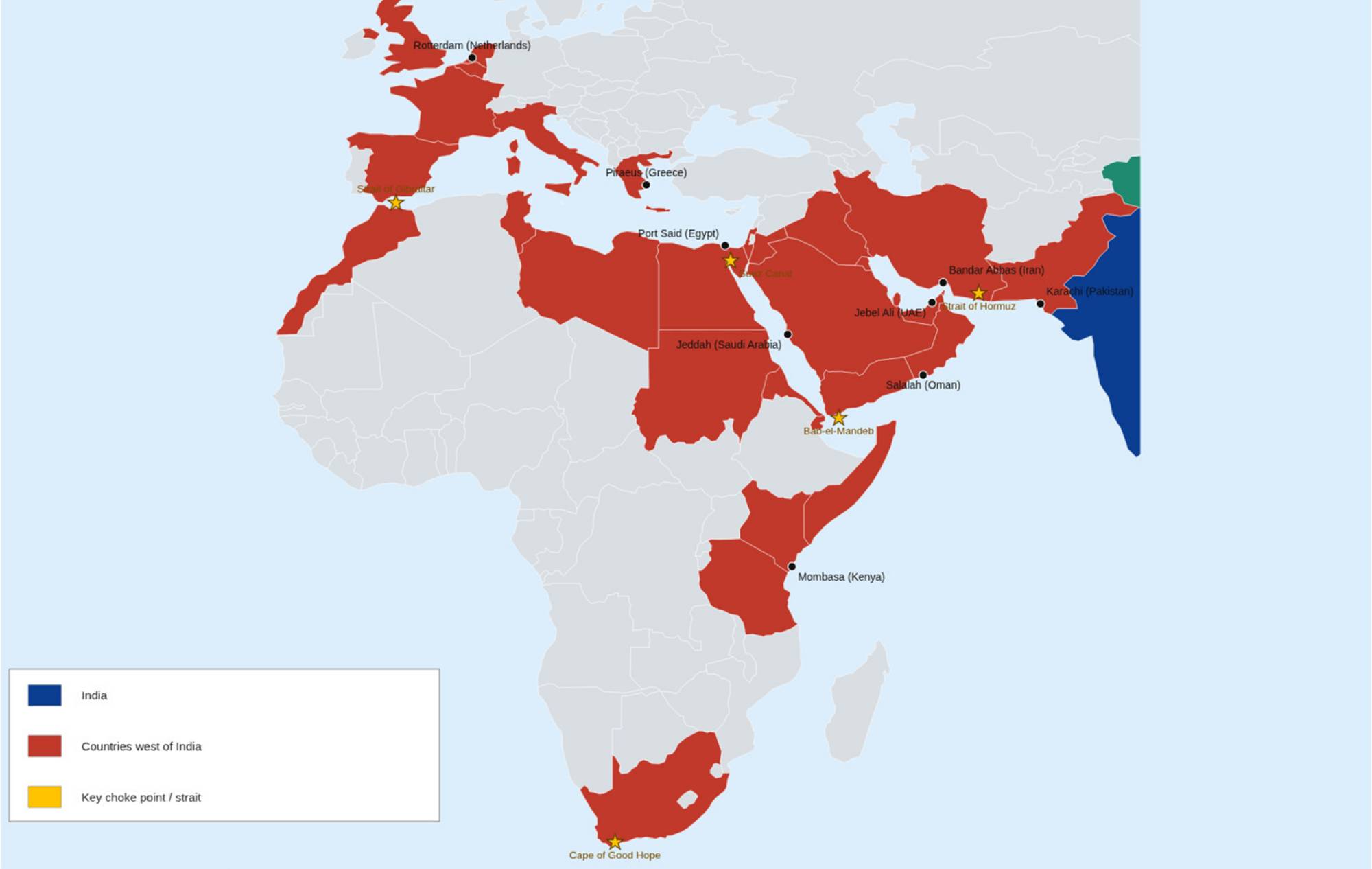 Western shipping corridor from India through the Arabian Sea Red Sea and Suez Canal to Europe