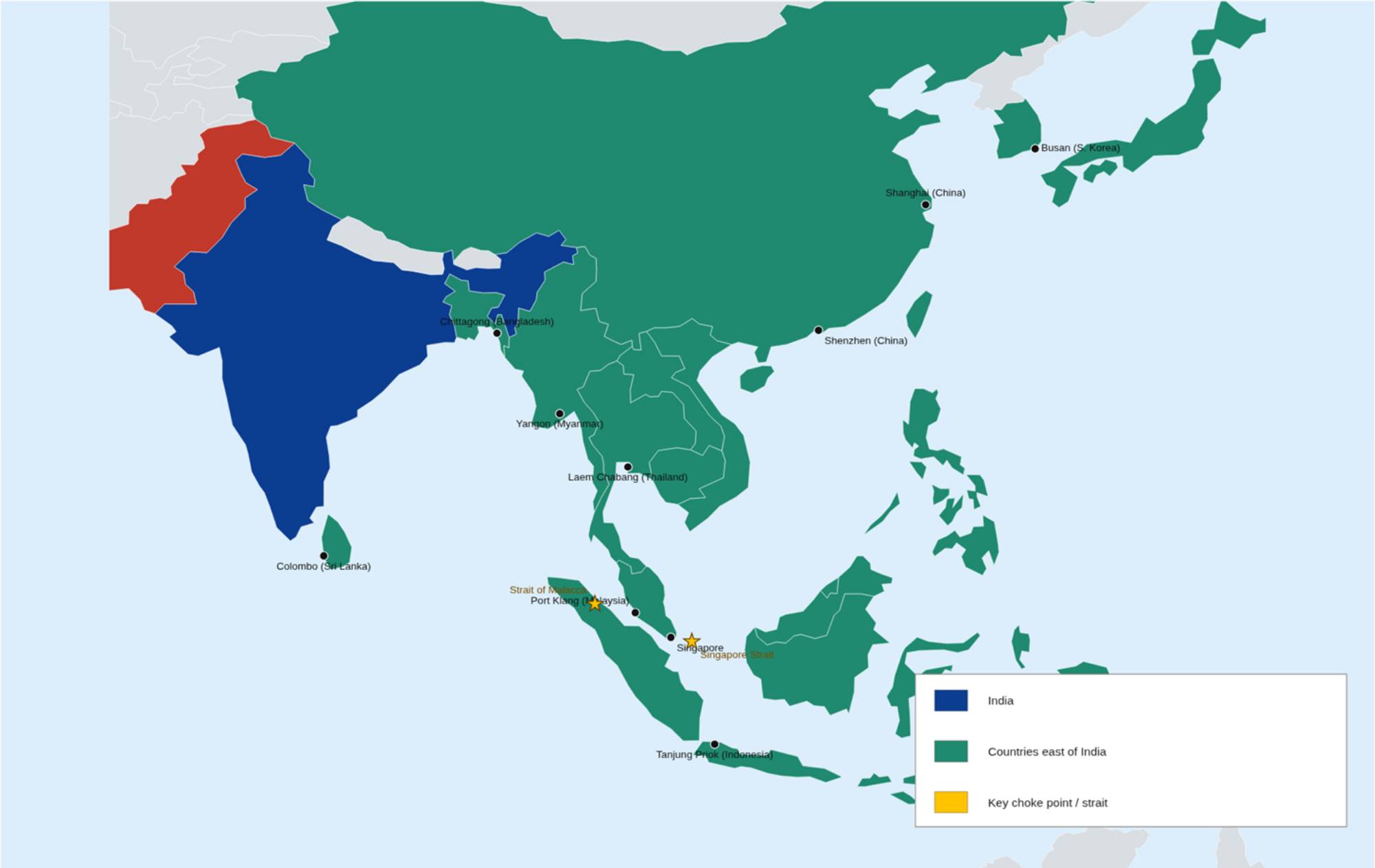 Eastern shipping corridor from India through the Bay of Bengal and Strait of Malacca to the Far East